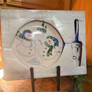 ALCO Industries Ceramic 10" Cake Plate with Server Snowman Winter Christmas